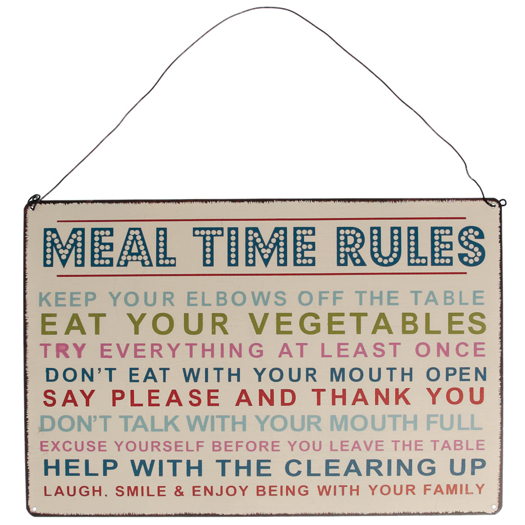 Metallschild mit Sprüche „Meal Time Rules“